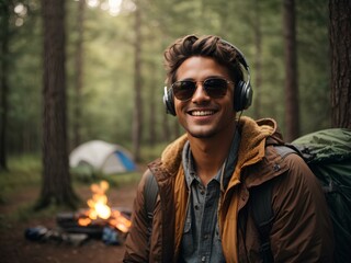 Close-up high-resolution image of a man listen to music with his headphone while camping.