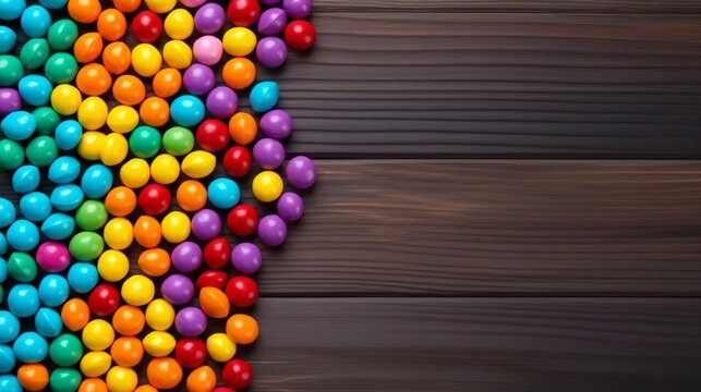 Candy like skittles on wood table background texture wallpaper top view. Free space for text. Skittles candy. YumEarth Organic Sour Giggles. Horizontal banner format