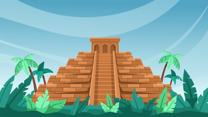 Ancient Maya pyramid. Mesoamerican architecture with lush tropical foliage cartoon vector background illustration © WinWin