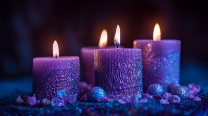 Obraz na płótnie Canvas Four purple candles are burning with small purple and blue balls and flowers around them on a blue sparkly surface with a dark purple background