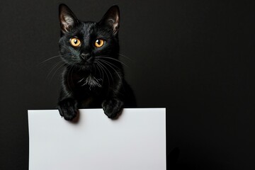 black cat sitting and holding blank white sign