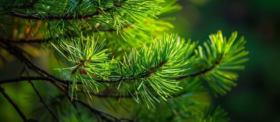 Vibrant Pine Branch with Bright Green Needles: A Burst of Color and Life on a Forest Trail