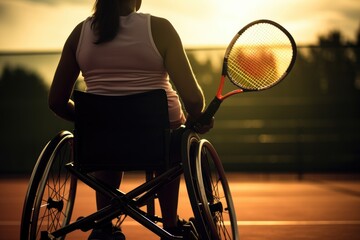 A woman gracefully holds a tennis racket from her wheelchair, engaging in active sports and promoting inclusivity., Photo of a woman in a wheelchair holding a tennis racket, AI Generated