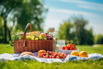 Picnic With Fruit Basket and Milk Bottle, Enjoy a Fresh, Picnic basket with lots of food on green grass with a blue sky in the park, Milk, apples, oranges - all prepared for lunch, AI Generated