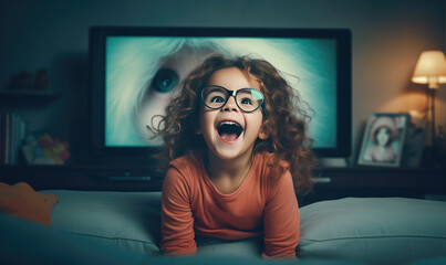 Happy cute girl is excited watching fairy tales on TV - obrazy, fototapety, plakaty