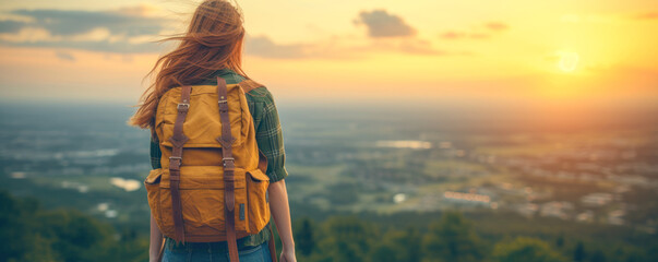 young woman hiker with backpack standing on top of mountain and looking at beautiful sunset