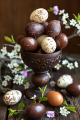 Obraz na płótnie Canvas Wooden pedestal bowl overflows with speckled chocolate Easter eggs, spring blossoms on a dark wood background traditional Easter mood, seasonal culinary themes and holiday marketing