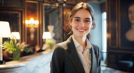 Confident hostess greeting guests, Warm welcome at an upscale hotel lobby