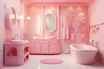 Fototapeta na wymiar A pink bathroom featuring a tub, sink, and mirror, pink bathroom in Barbie style, toy, AI Generated