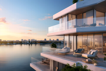 Modern Waterfront Condos with Stunning Ocean Views - obrazy, fototapety, plakaty