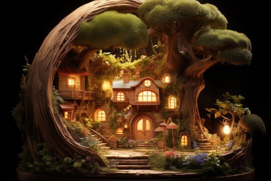 Circular Fake Tree House Cozy and Unique Outdoor, Pixar 3D image of a miniature elf dwelling and garden in an old hollowed-out tree, with dramatic fantasy lighting and marginalia, AI Generated