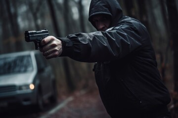 A man wearing a black jacket stands with a gun, exuding a serious and intense display of force, Polices with gun in hand pursue the criminal, AI Generated