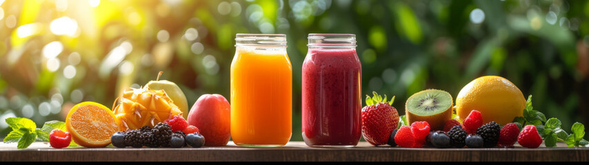 Healthy Smoothies natural juice fresh fruits has been placed on a wooden table. - obrazy, fototapety, plakaty