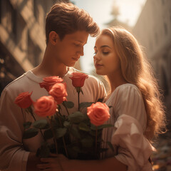 boy gives a bouquet of flowers to a girl