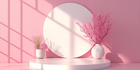 Simple product display with podium on abstract geometric Valentine's day themed mock up background.