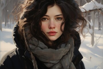 A stunning depiction of a woman standing confidently amidst a snowy landscape, portrait of a woman in winter, AI Generated