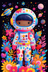 Cute cartoon astronaut in space with flowers and planets.