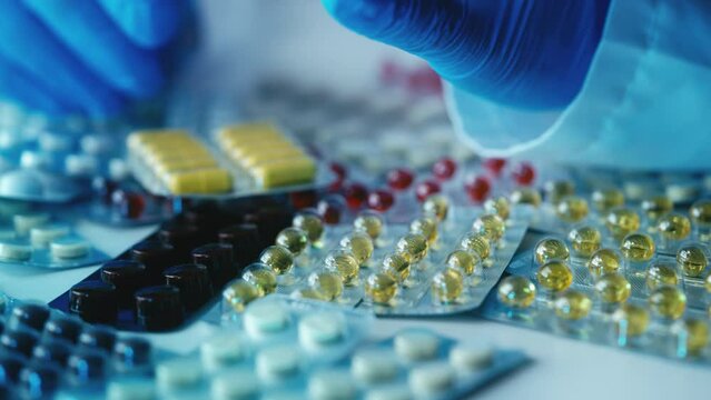 Lab worker checking the quality of pills, pharmaceutical industry, production