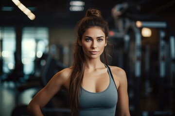 Fototapeta premium A confident woman stands in a well-equipped gym with her hands on her hips, exuding strength and determination, Portrait of beautiful woman working out at gym, AI Generated