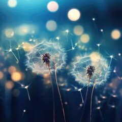 Dandelion seeds with bokeh lights at night, Soft focus