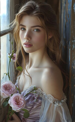 Fototapeta premium A romantic portrait of a young woman with auburn hair wearing a silk dress, holding pink roses, looking out of a window with soft morning light.