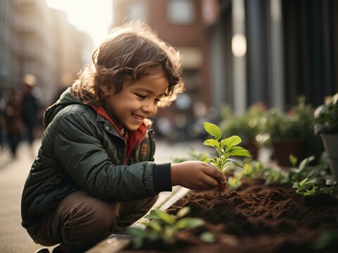 Close-up high-resolution image of a bright kid plant a tree to save the environment.