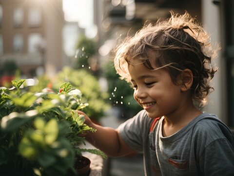 Close-up high-resolution image of an adorable kid watering his green garden.