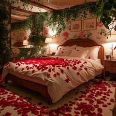 Sensual Escape: Transform your bedroom into a romantic haven with balloons and rose petals. Elevate the mood and set the stage for love. Ideal for ads, banners, and invitations.