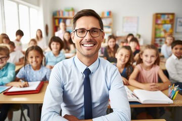 A man sitting at the front of a room filled with attentive children in a classroom setting, Portrait of smiling teacher in a class at elementary school looking at camera, AI Generated
