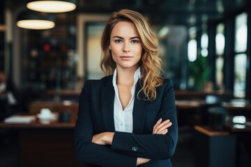 Fototapeta na wymiar A confident businesswoman wearing a suit stands boldly with her arms crossed in a professional setting, Portrait of successful business woman inside office, AI Generated