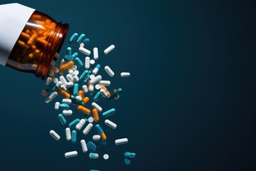 Pills Spilling Out of Bottle, Medication Overflowing, Prescription Pills Falling Out, Prescription opioids, with bottle of many pills on the mirror light table, AI Generated