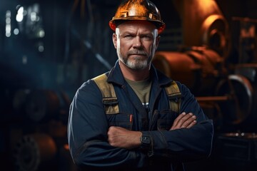 Fototapeta premium A man wearing a hard hat stands in a factory, confidently holding various tools and equipment, Professional Heavy Industry Engineer Worker Wearing Uniform, AI Generated