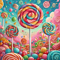 colorful lollipop background.a vibrant digital illustration featuring an array of colorful lollipops surrounded by a variety of candy on a playful pink background. Embrace the sweetness of the scene a