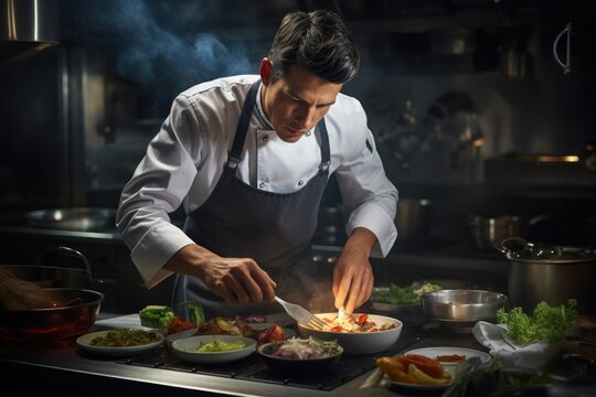 A skilled culinary professional in a chefs uniform prepares delicious food in a busy kitchen, Professional male chef in a kitchen making an elaborated dish, AI Generated