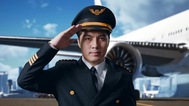 Close Up Of Asian Man Pilot Is Respectful, Saluting While Standing In Airfield With Airplane On Background
