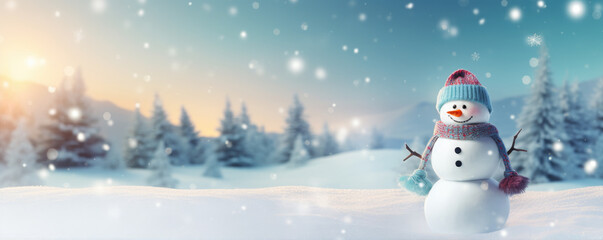 Beautiful snowman in fairytale snowy landscape. Wallpaper and background.