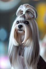 Naklejka premium silky dog with long gray and white straightened hair styled on top of head in bunch