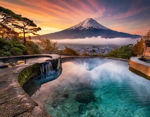 日本の温泉 富士山 朝 夕焼け 旅行