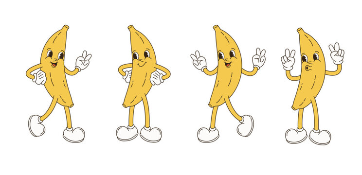 Retro Cartoon Character Fruit Set. Vector Funny Illustration with Banana, Cherry, Lemon, Strawberry, Watermelon 