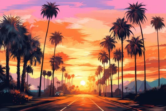 Sunset on the background of palm trees