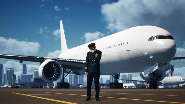 Full Body Of Asian Man Pilot Having A Headache While Standing In Airfield With Airplane On Background
