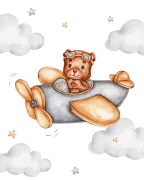 Teddy bear in plane; watercolor hand drawn illustration