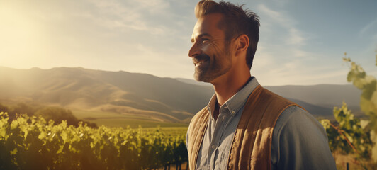Amidst the serene landscape of a vineyard, a winemaker stands, savoring the success of a...