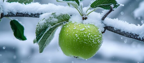 Stunning Green Apple on Snow-Covered Branch: A Serene Image of Green Apple Perched Under a Cascading Snowy Branch