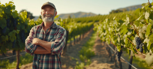 In a lush vineyard, a winemaker stands with crossed arms