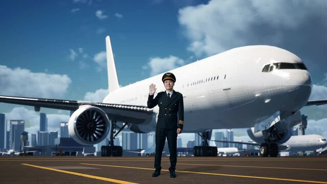 Full Body Of Asian Man Pilot Smiling, Waving Hand And Saying Bye While Standing In Airfield With Airplane On Background
