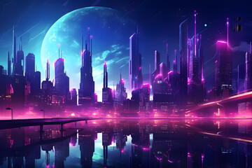 Neon cityscape with futuristic buildings