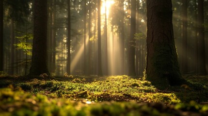 Beautiful forest with moss-covered soil and sunbeams through the trees