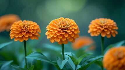 Gorgeous orange zinnias stand out against a lush green backdrop.