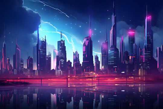 Neon cityscape with futuristic buildings